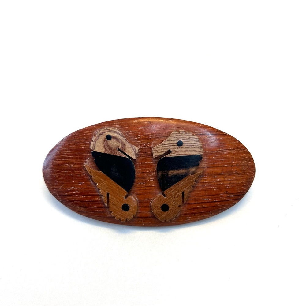 Rare Vintage Wooden Hair Barrette Oval Wooden Disk With Two Sea Horses